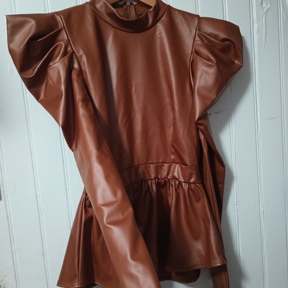 Brown Faux Leather Top with Puff Sleeves - Picture 4 of 15